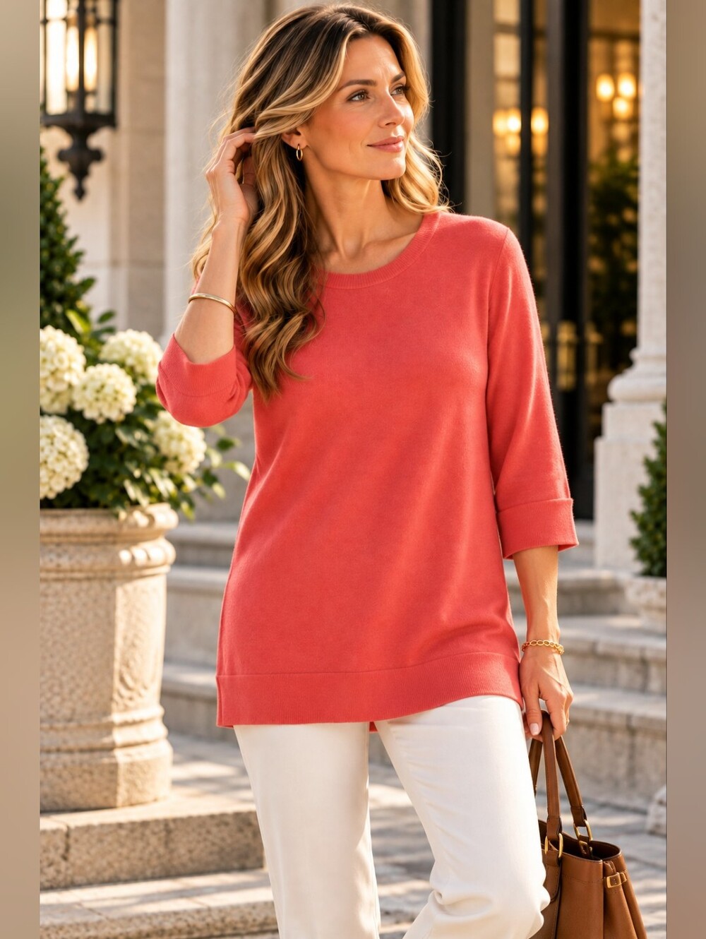 Victor Alfaro 100% Cashmere Sweater Coral Pink 3/4 Sleeve Luxury Knit